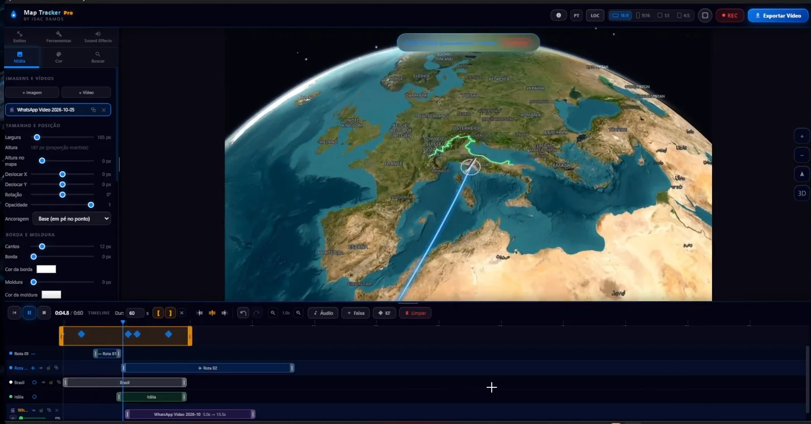 Barra superior do Map Tracker Pro com formatos de tela e o botão Exportar Vídeo